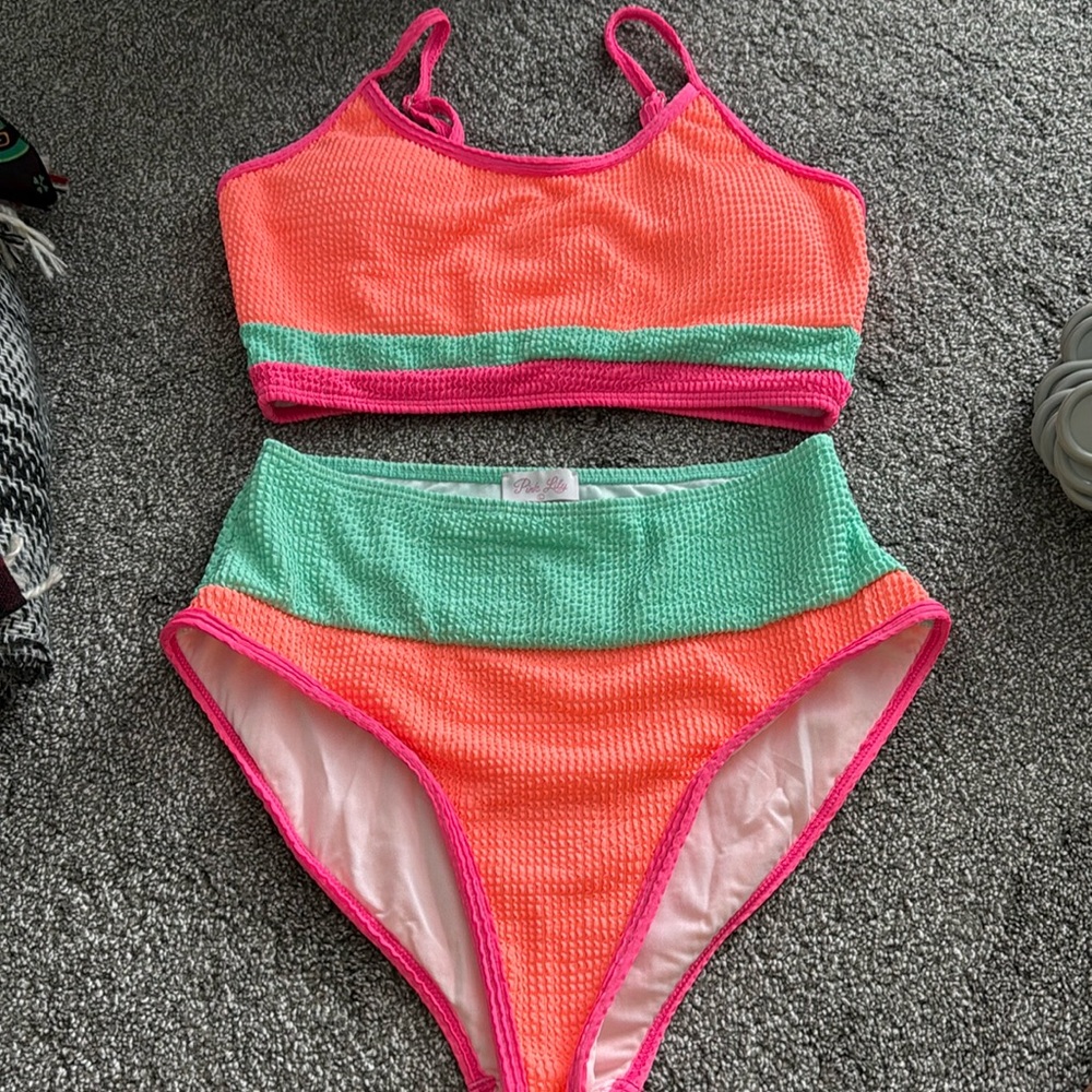 Pink Lily- Peach, Pink and Green high wasted Bikini Set